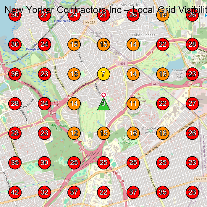 New Yorker Contractors Inc GeoGrid visibility map for Kitchen Remodeler in Great Neck
